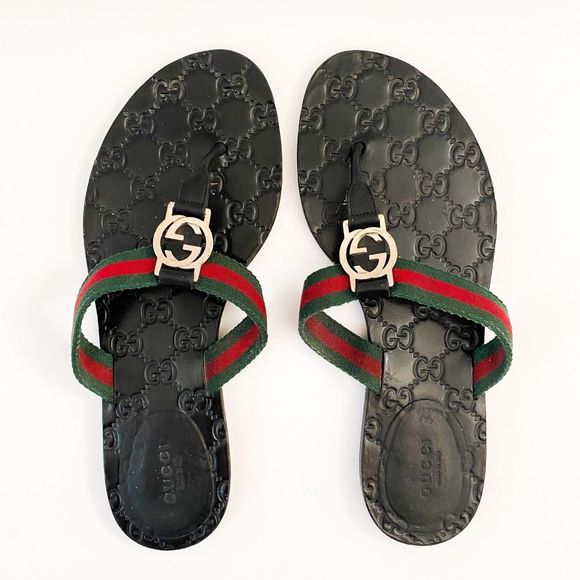 Gucci GG Web Stripe Flip Flop Sandal Black EU 39 US Women's 9 Flat Logo - Picture 10 of 13